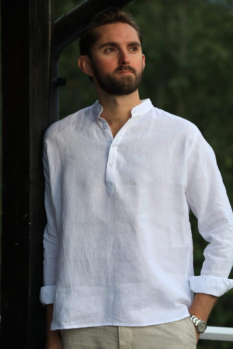 Casper Linen White Half Button Shirt
